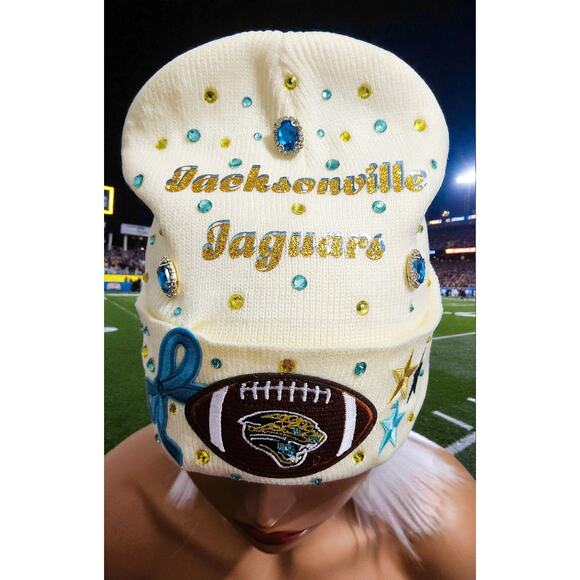 Jacksonville Jaguars Beanie Cream design with teal and gold rhinestones, Logo - Picture 4 of 5